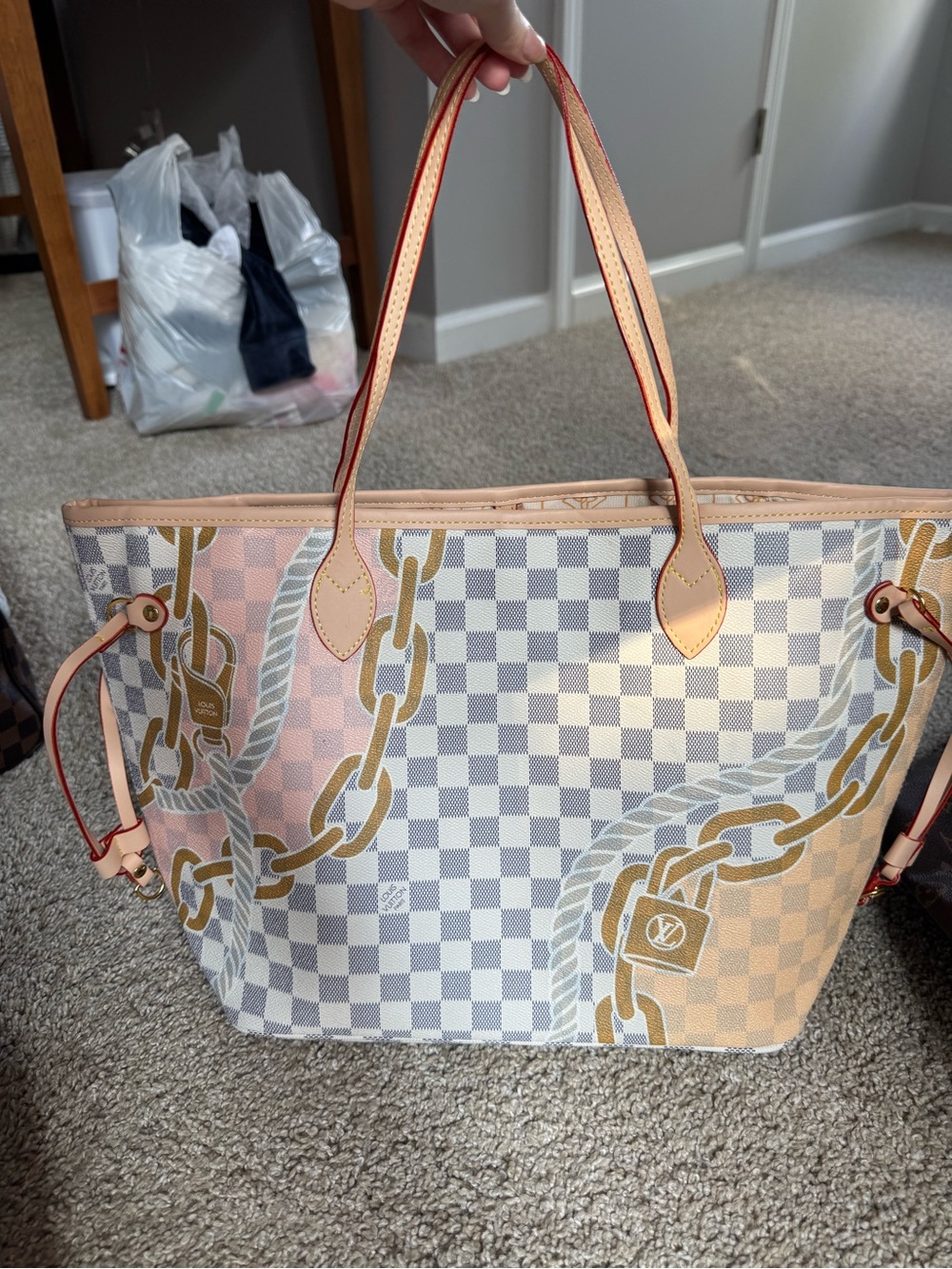 Designer-Inspired Checkered Tote Bag in Pink, Blue, and Cream